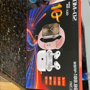 Smartwatch with Pink Band and White Earbuds